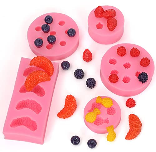 Kurtzy Moldes Silicona Reposteria Forma de Frutas (Pack de 5) Piña 3D, Naranja, Fresa, Arándano y Mora - Moldes para Gelatina, Chocolate, Fondant y Jabón - Molde Silicona Bizcocho, Tarta