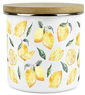 Purely Home Painted Lemons Storage Canister - White Metal Enamel Kitchen Food Storage Container