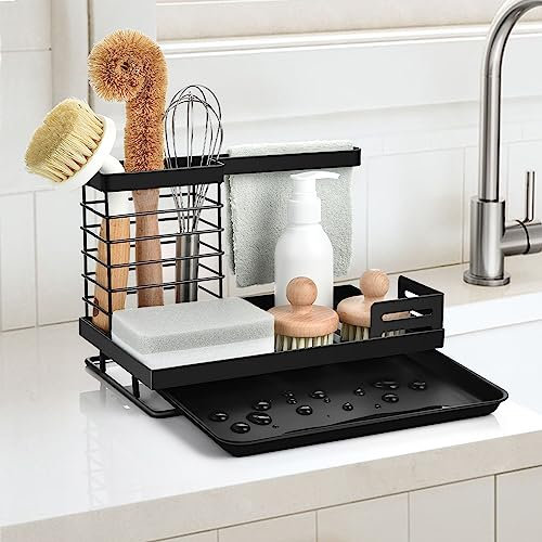 OTraki Kitchen Sink Caddy Sponge Holder with Self Draining Tray Sink Tidy Kitchen Organizer Sink Organiser Rack Caddy Brush Cloth Dish Sponge Holder with Drain Tray, Black