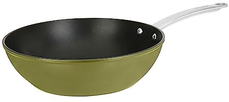 Sitram 715707 Wok Aluminium Recyclé Ø 28 cm H 8 cm colori Vert Metallisé Revêtement intérieur anti-adhésif sans PFOA - Poignées en Inox Riveté - Couvercle vapeur en verre - Tous feux dont induction