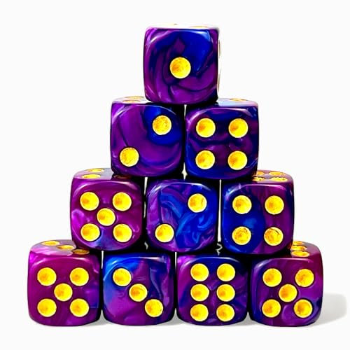 Luck Lab 10-teiliges D6-Würfel-Set – Acrylwürfel für RPG, MTG, DND, Tischspiele und Brettspiele, blau und lila Wirbel mit goldenen Pips