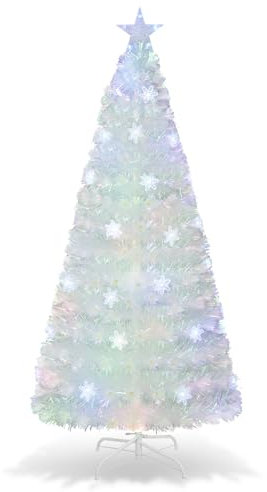 GYMAX 180 cm Albero di Natale, Luci in Fibre Ottiche, con Decorazioni a Fiocco di Neve, 220 Rami in PET, Folto e Realistico, Base Pieghevole in Metallo, Montaggio Facile