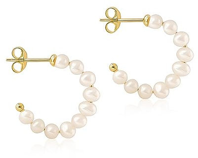 Mary & Jules Perlenohrringe Gold aus recyceltem Silber, Perlen Creolen Silber 925 vergoldet mit Süsswasser Perlen, Ohrringe Damen Gold, Durchmesser 15 mm, für Frauen & Mädchen