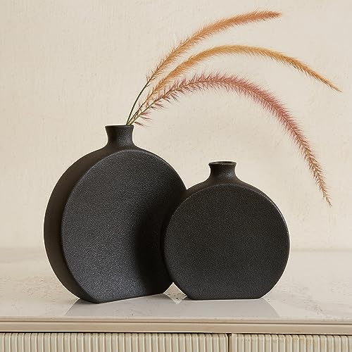 Lot de 2 vases en céramique Noire de Style bohème pour décoration, Finition Mate givrée, décoration d'intérieur Rustique Moderne, Vase pour Herbe de la Pampa et Fleurs séchées, étagère, Table,