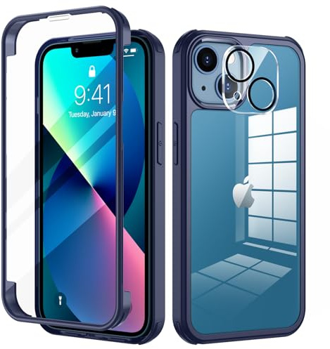 seacosmo for iPhone 13 Case with 9H Tempered Glass Screen Protector, Blue | Full Body Shockproof Protection Armour Cover, Camera Lens Protector, Slim Fit Bumper Dual Layer Protective Rugged Phone Case