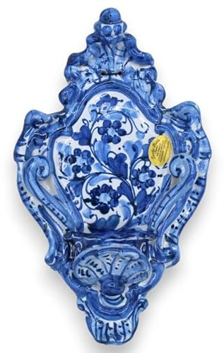 SICILIA BEDDA CAPACI Acquasantiera in Ceramica Siciliana - h 23 x L 14 cm ca. Fondo Blu, Decoro Fiori MD5