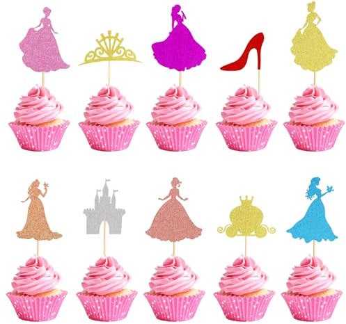Arthsdite 30Pcs Princess Cupcake Toppers Crown Castle Girl High Heel Cake Toppers Decorations Birthday Fruits Picks for Princess Girl Baby Shower Theme Party Decoration