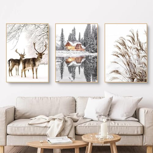 Herfair Poster Winter Bilder Wohnzimmer 3er Set Winterlandschaft Wandbilder Kunstdrucke Leinwand Bilder Ohne Rahmen Wanddeko Poster Set (30 x 40 cm)