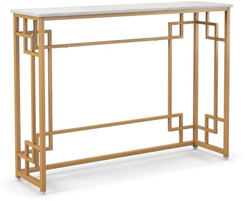 COSTWAY Console Table, Faux Marble Slim Entryway Table, Metal Frame 110cm Long Narrow Accent Sofa Side Behind Couch Tables for Hallway, Foyer and Living Room (Geometric Pattern, White+Gold)
