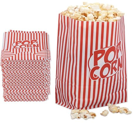 Relaxdays Popcorntüten, 48er Set, gestreift, Retro-Optik, Kino, Filmabend Zubehör, Papier, Popcornbehälter, rot/weiß