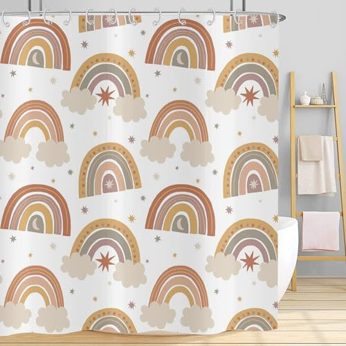 Duschvorhang Regenbogen 120x200, Hnmdmyi Boho Abstrakt Regenbogen Duschvorhänge Bunt Niedlich Kinder Cartoon Badewanne Vorhang Wasserdicht Polyester Stoff Waschbar Badevorhang für Badezimmer mit Haken
