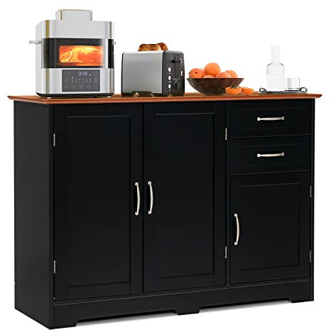 GiantexUK Buffet Sideboard, Wooden Storage Cabinet with Adjustable Shelf, 2 Drawers and 3 Doors, Freestanding Kitchen Cupboard for Living Room Dining Room Hallway (Black + Brown, 100 x 40 x 78cm)