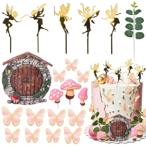 23 PCS Fairy Cake Decorations, Garden Mushroom House Cake Decorations Butterfly Cake Toppers Cupcake Toppers for Kids Fairy Party Favors Garden Fairy Cake Decoration DIY Fairy Party Supplies