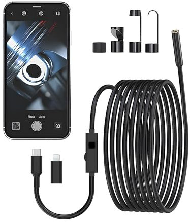 Endoskopkamera mit Licht 200W - Wasserdicht IP67, 1920 * 1440P HD, 8 LEDs, 5m Kabel für Android & iOS Tablet, iPhone, iPad, Samsung
