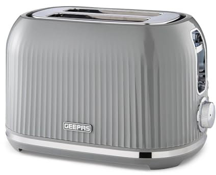 GEEPAS 2 Slice Toaster | 6 Browning Levels Cancel Defrost Reheat | For Thin Small Bread Slice Removable Crumb Tray Cool Touch Housing High Lift | Space-Saving Design | 2 Yr Warranty 1000W Grey Fluted