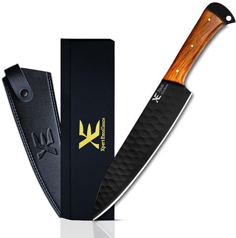 XE Cuchillo de Chef de Acero Inoxidable Negro, Cuchillo de Cocina Ideal Para el Hogar, Cuchillo para Picar Verduras con Mango de Madera y Funda para Cuchillo