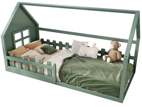 Azkoeesy Hausbett Kinderbett mit Lattenrost und Fenster, Einzelbett Jugendbett Mädchen Bett 90 x 200 cm (Grün)