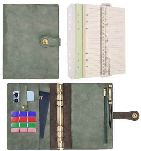 Wonderpool Ringbuch Notizbuch A5 Nachfüllbar Leder Tagebuch Organizer Binder Ordner mit Taschen Liniertes Papier Stift für Büro Schule Geschäft Reisen Planung Schreiben (Grün,A5)