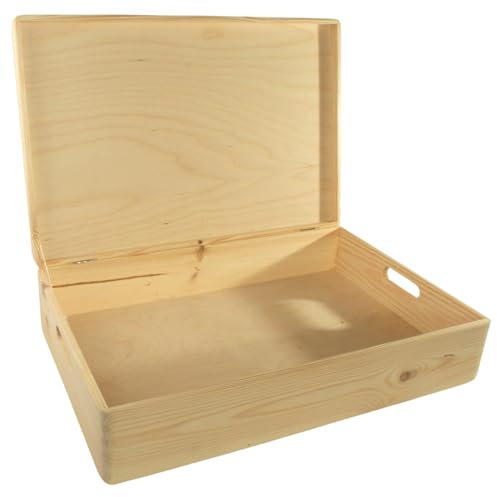 WooDeeDoo Extra Large Under Bed Wooden Storage Box With Lid and Handles – 60 x 40 x 14 cm Shallow Pine Chest for Toys Craft Supplies Bedroom Organisation – Unfinished Decorative 25L Container