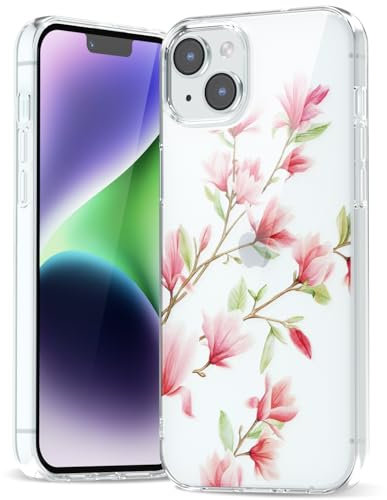 Svanove for iPhone 13/ iPhone 14 Case Flower, Girly Cute Clear Floral Aesthetic Design, Slim Thin Transparent Hard Shell Plastic Phone Case for Women Girls, Trendy Elegant Pattern, Cherry Blossom