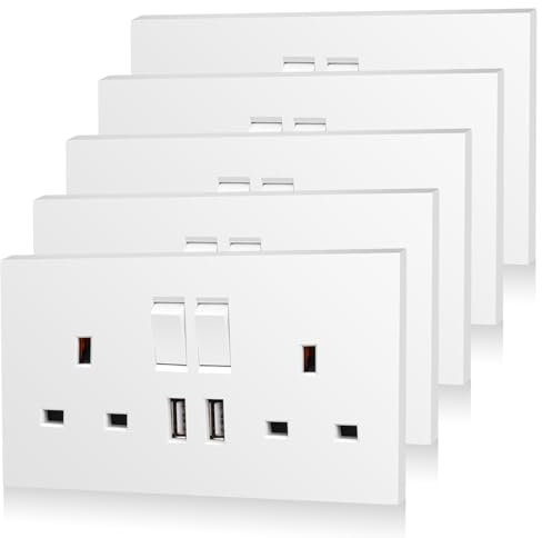 5 Pack CNBINGO Double Switched Power Socket with 2 USB-A Charging Ports (2.1A Output), Electric Power Socket 2 Gang 13 Amp, White Double Wall Outlet