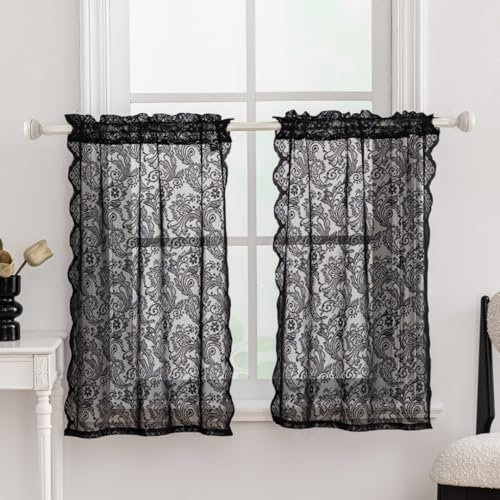 F-CHU Black Lace Small Curtains 24 inch Length Kitchen Curtains Window Small Curtains for Door Window Cafe Curtains Privacy Tier Curtains Rod Pocket Bathroom Laundry Room RV 2 Panels