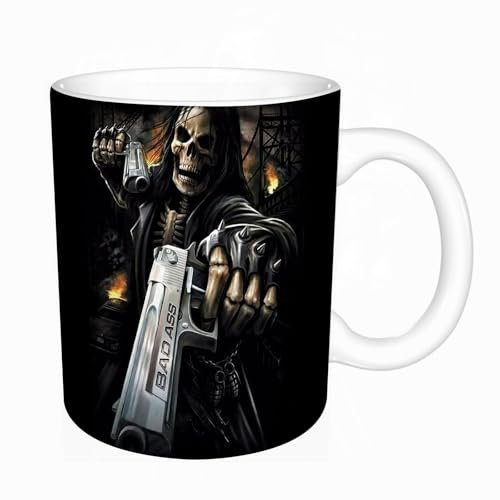 KDWJS Tasse Keramik Kaffeetassen Große 11oz Tassen 330ml Trinkgläser Mit Griff Personalisierte Geschenk Weiß,Cowboy-Totenkopf mit zwei Pistolen