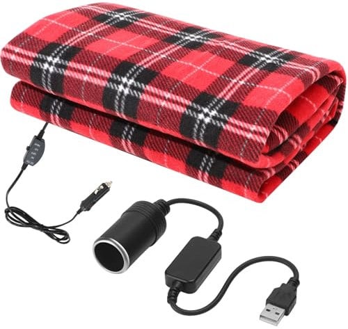 Tuanse Auto-Heizdecke, 12 V, beheizte Decke mit Temperaturregler, USB-Adapter, Auto-Steckdosenadapter, Heckklappe für kaltes Wetter und Notfall-Set (schwarz, rot, kariert)
