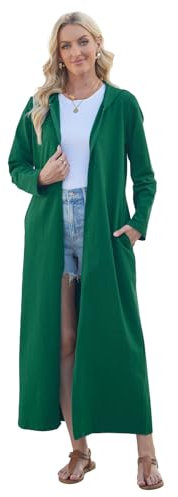 VOGMATE Damen Morgenmantel Reißverschluss Leichter Lang Bademantel mit Kapuze Baumwolle Kuschelig Hausmantel Dünn Hoodies und Sweatshirts GrünL