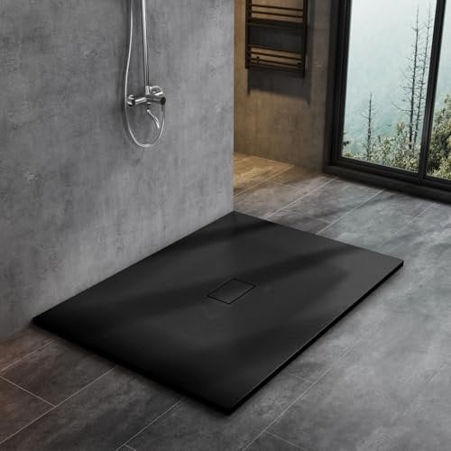 WITEN&NOCK SMC Duschwanne 140x100cm schwarz Brausewanne Duschtasse extra flache Steinoptik Antirutschfür Duschkabine Duschwand