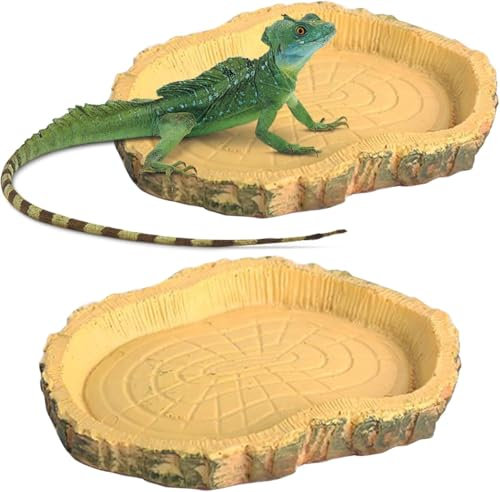 2 Pièces Gamelle Tortue Terrestre, Abreuvoir Tortue Terrestre, Bol à Nourriture / Eau Pour Reptiles, Matériau PVC, Design Imitation Écorce, Convient aux Tortues, Lézards, Geckos, Serpents (Jaune)