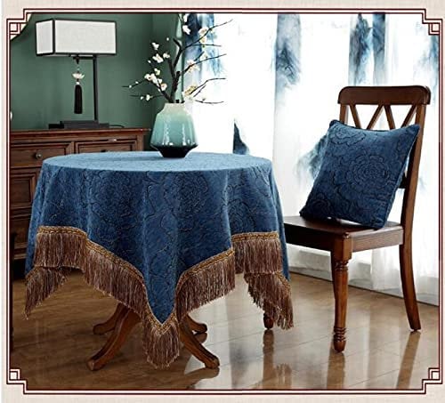Chenille-Tischdecke mit Quasten, für Küche, Esszimmer, Party, knitterfrei, Jacquard, waschbar, Dunkelblau (259 cm)