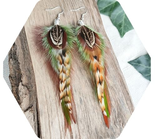 bySantana - Handgemacht Feder Ohrringe - Silber Braun Grün Fed Ohrringe Hängend mit Echter Federn - Geschenk für Frauen - Boho Schmuck - Creolen oder Ohrclips (Ohrhaken (Hook earrings))