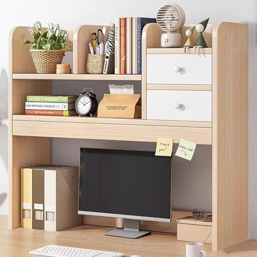 Libreria da scrivania in legno con 2 cassetti, per scrivania del computer, scaffale multiuso per casa e ufficio (legno di ciliegio, 71,9 x 17 x 78 cm)