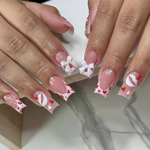 YANZEFEI Bow French False Nails, 24pcs Glossy Pink Heart Decoration, Medium Long Square Stick On Nails, 12 Sizes, Acrylic Material, Valentine's Day Manicure