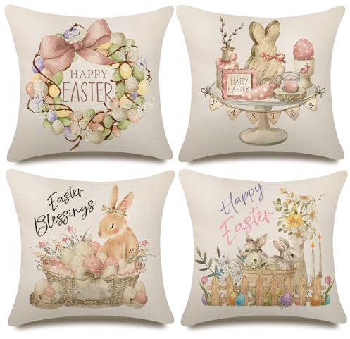 PITMT Kissenbezug Ostern 4er Pack, 45x45cm Kissenhülle Ostern Vintage Stil Osterhase Leinen Kissen Ostern, Kissen Deko für Osterdeko Sofa Wohnzimmer Schlafzimmer Innen Deko