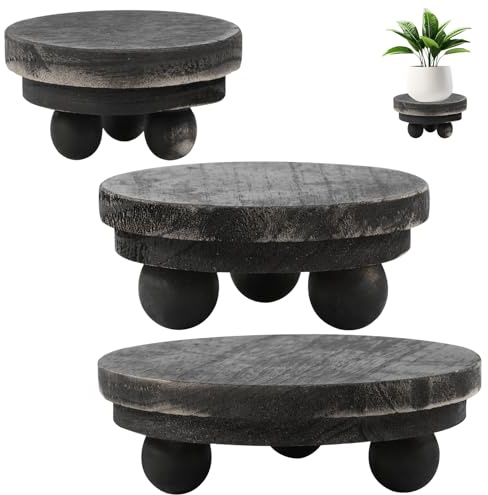 QINGLANG 3 Pcs Wood Plant Stand 3 Size Stackable Wooden Stool Display Stand Round Flower Pot Holder Stool Mini Décor Riser Stand Wood Tray Riser Hold up to 50lbs for Indoor Outdoor(Black)