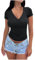 T Shirt Femme Coupe Slim Tshirt à Manches Courtes Été Tee Shirt Cache-Coeur Mode Col en V Plissée T-Shirts Décontracté Couleur Unie Hauts D'été