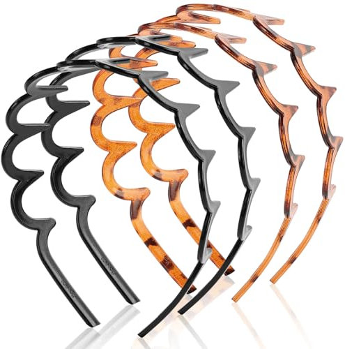 LOPHE Lot de 4 Bandeau en Zigzag - Serre-Têtes Sportifs Motif Dents de Requin - 2 Ambré + 2 Noir - Bandeau Élastique Anti-Glisse pour Fitness/Yoga/Course à Pied - en ABS Léger Sans Marquage
