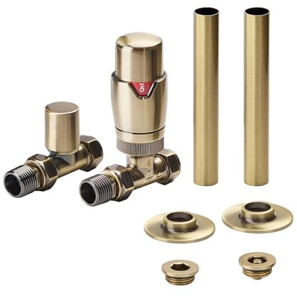 Milano Brushed Gold Straight Heated Towel Rail Radiator Thermostatic Lockshield Valve Pipe Sleeve