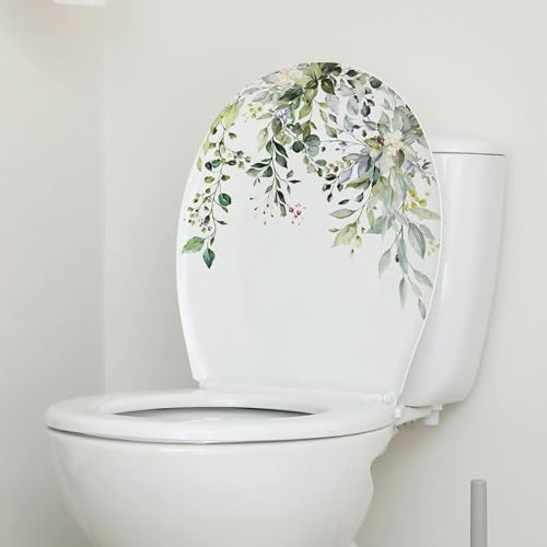 Grüne Pflanze Blätter Blumen Toilettensitz Deckel Aufkleber Selbstklebend Badezimmer Wandaufkleber Grünes Blatt Floral DIY Abnehmbare wasserdichte Aufkleber für Badezimmer Spülkasten WC Dekor Zubehör
