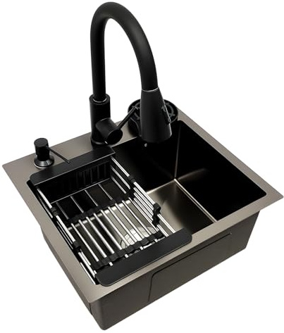 POTYYH Évier de cuisine, 45 x 40 cm, encastrable, en acier inoxydable, noir, avec lave-vaisselle à tasses, égouttoir, distributeur de savon et robinet extensible, 1 bac