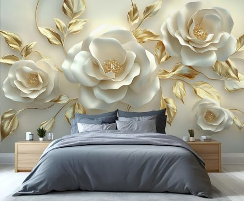 YXQAIED Floral Wallpaper, Embossed White Flower Wallpaper for Living Room, Light Luxury Gold Leaf Bedroom Wall Paper, Not Self Adhesive Retro Floral 3D Large Mural & Home Decor Poster, 200x140cm