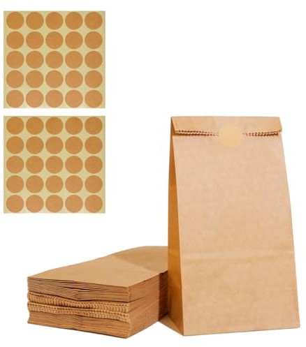 Leucasa 100 Stück Papiertüten Klein 18X9X5.5cm Selbstständig Geschenktüten Klein Mit 100 Aufklebern Wiederverwendbar für Lebensmittel, Brote, Snacks, Kleine Unternehmen