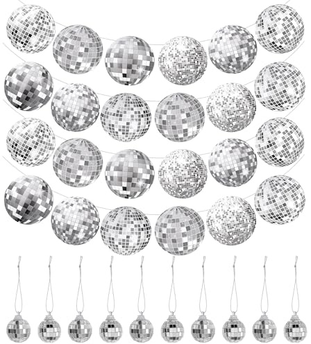 2 Stück Glitzer Discokugel Deko Girlande Banner und 12 Stück Mini Disco Spiegelkugel,Kleine Discokugeln Disco Deko Girlande Silber für Weihnachtskugeln,Karneval,80er Disco Party Deko (Silber, 2.5cm)