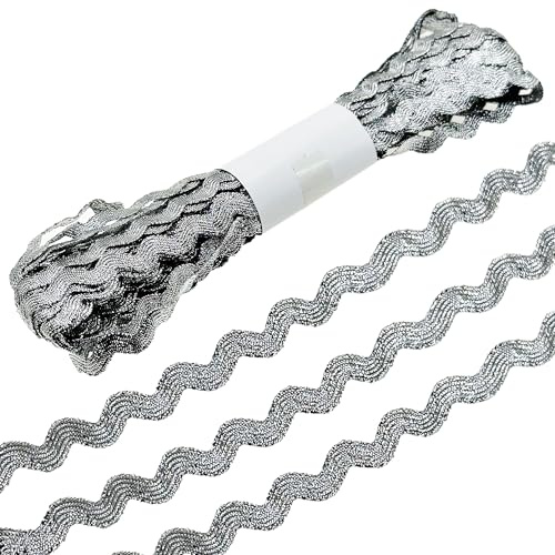 Allazone 13 Farbe 142 Yards Wave Biege Fransenband Zick-Zack-Band Zackenlitze Trimmt Bunte Polyester 5MM Rick Rack Trim Wave für Kleidung Kleider Nähen Blumen Basteln (Silber)