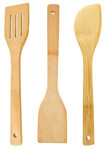 Lot de 3 ustensiles de cuisine en bambou naturel - Spatule et cuillères - Antiadhésifs - Ustensiles de cuisine pour la cuisine et le service - Gadgets de cuisine en bambou durable - Outils essentiels