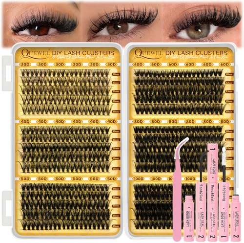QUEWEL Faux-Cils, 580 pcs 6 styles Extension Cils 10-18 mm Convient aux débutants Cils individuels en grappe réutilisables pour un look naturel à spectaculaire DIY à la maison (6 Style cils)