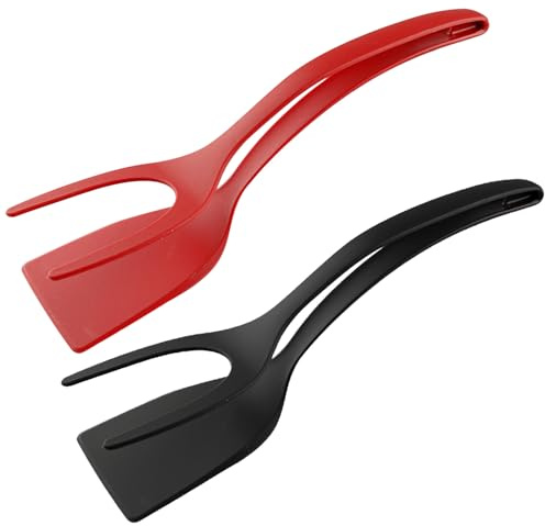 Wellrun 2PCS 2-in-1 Egg Flipper Spatula and Tongs Set,Heat-Resistant Non-Stick Cooking Tool for Pancakes,Steaks,French Toast,Omelets(Black &Red)