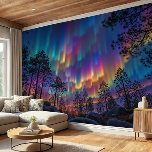 DLERFLOVR Tapete Blau-Lila Seidentapeten Nordlicht Tapeten Winterlandschaft Wandtapete Wanddeko Motivtapeten für Wohnzimmer Schlafzimmer Kinderzimmer 300x210cm